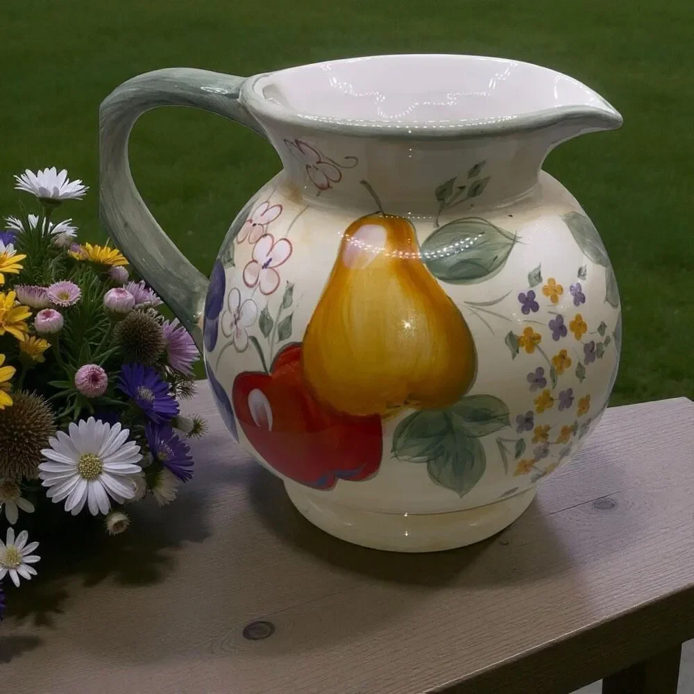 Hand Painted Fruit Floral Ceramic Pitcher Multicolor Vintage Farmhouse Style